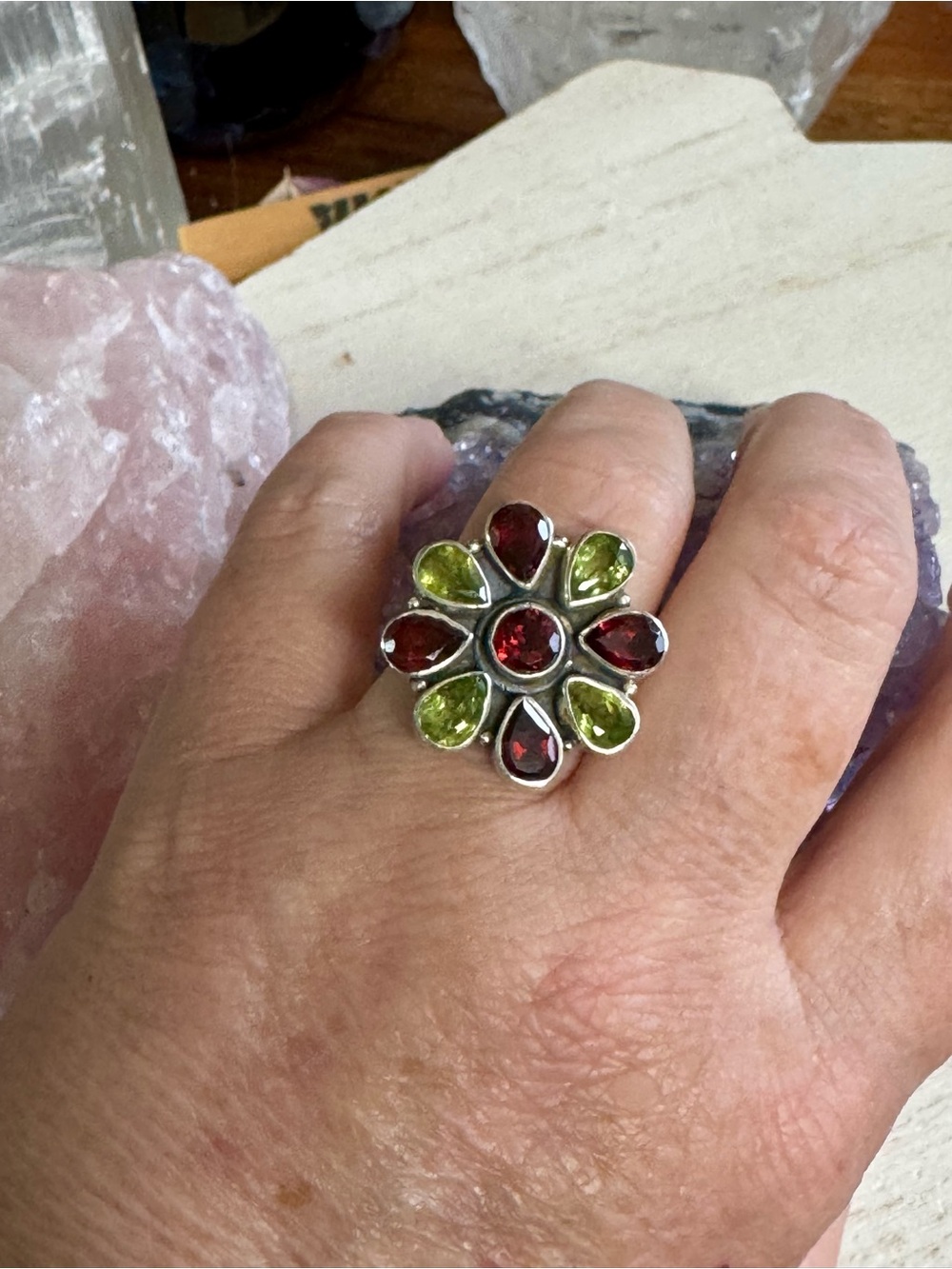 Green Peridot & Red Garnet Sterling Silver Floral Statement Ring -Size 6.75- 7